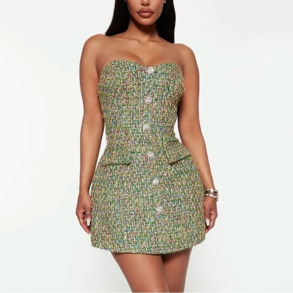 Tanya Tweed Strapless Dress - Green - Picture 1 of 3